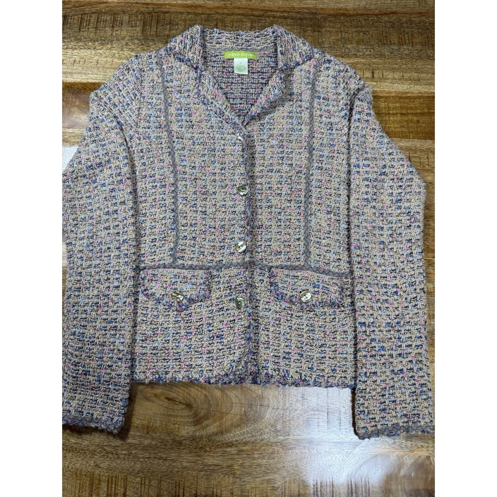Sigrid Olsen Tweed Jacket Womens Small Beige Blue Pink Textured Crop Blazer Boho